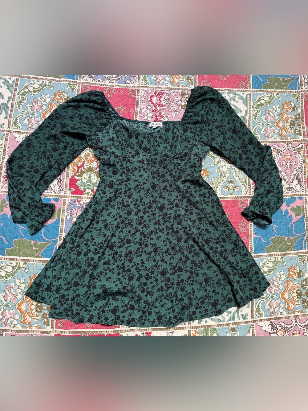 Mini Dress Inspired Hearts Green Floral Puff Sleeve L Fairy Academia